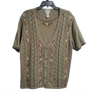 Koret Olive Crochet Button Sweater Top with Floral Accents Size L
